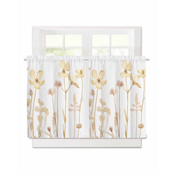 Yellow Wildflowers Spring Short Blackout Curtains 36 Inch Long Wildflowers Leaves Farm Rod Pocket Kitchen Curtains, 2 Panels Thermal Insulated Room Darkening Drapes for Bedroom, 30"W x 36"L