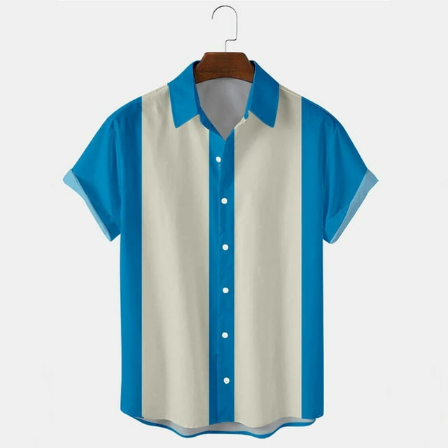 Weiqiqre T-shirt Homme Décontracté Boutons Imprimé Plage Rayé Col Rabattu Manches Courtes Chemise Blouse Décontractée, Coupe Régulière, Lavable en Machine, Polyester, Tenue d'Été