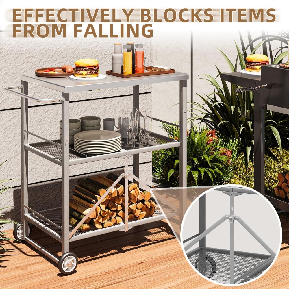 LYYHTY Stainless steel 3-layer folding barbecue preparation table with wheels, outdoor BBQ storage table, courtyard camping portable grill side table, outdoor Grill TableGray