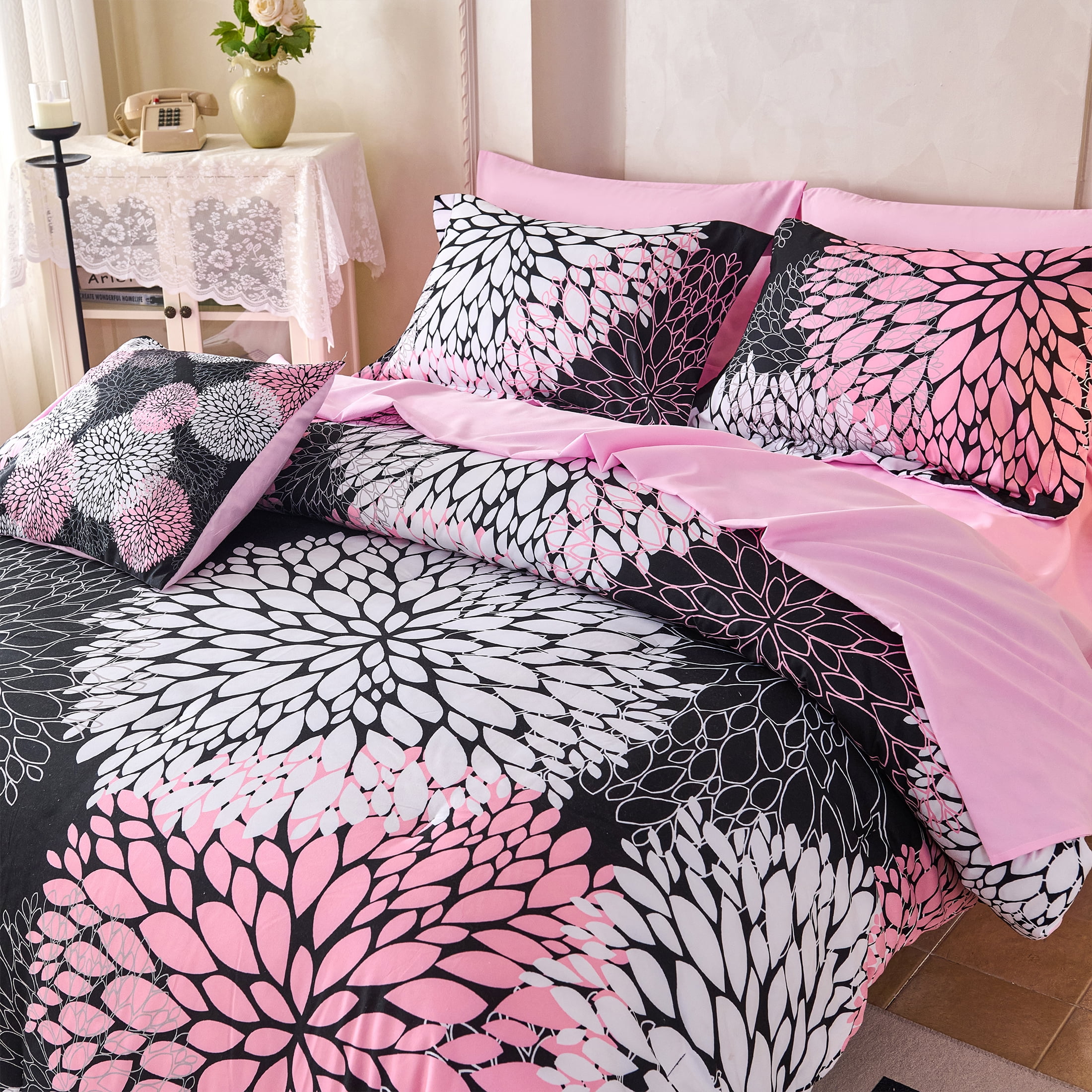 Koniroom 8 Pieces Black and Pink Floral Comforter Set Queen Size, Cute Flower Bed in a Bag with Sheets, Pillowcases, Shams, and Decorative Pillow Cover for Teen Girls and Women