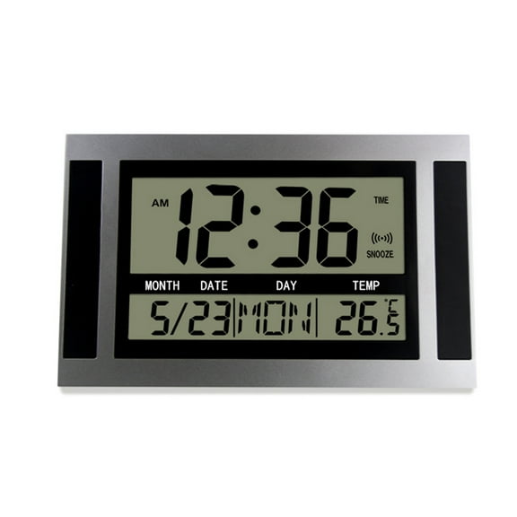 Digital Wall Clock LCD Number Time Temperature Calendar Alarm Silver