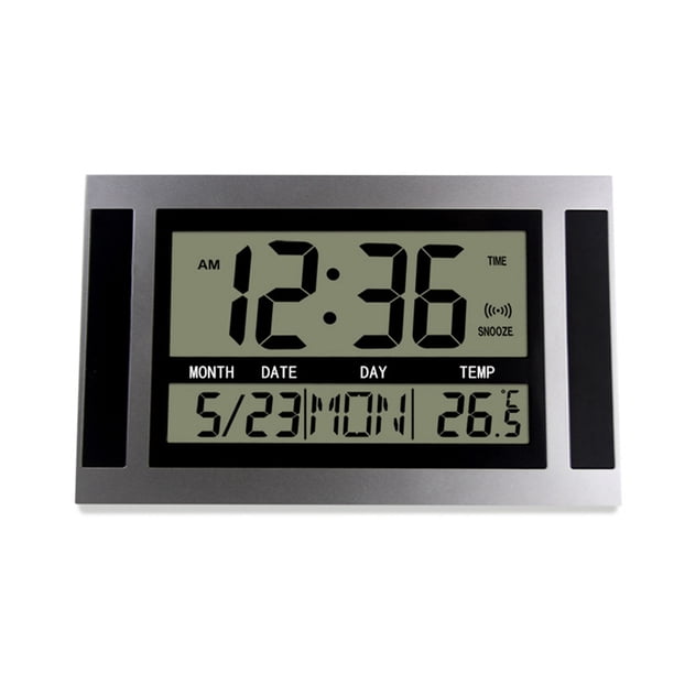 Reloj de Pared Digital LCD Gran NúMero Tiempo Temperatura Calendario Alarma Mesa Escritorio Reloj DiseñO Moderno Oficina Hogar Plata