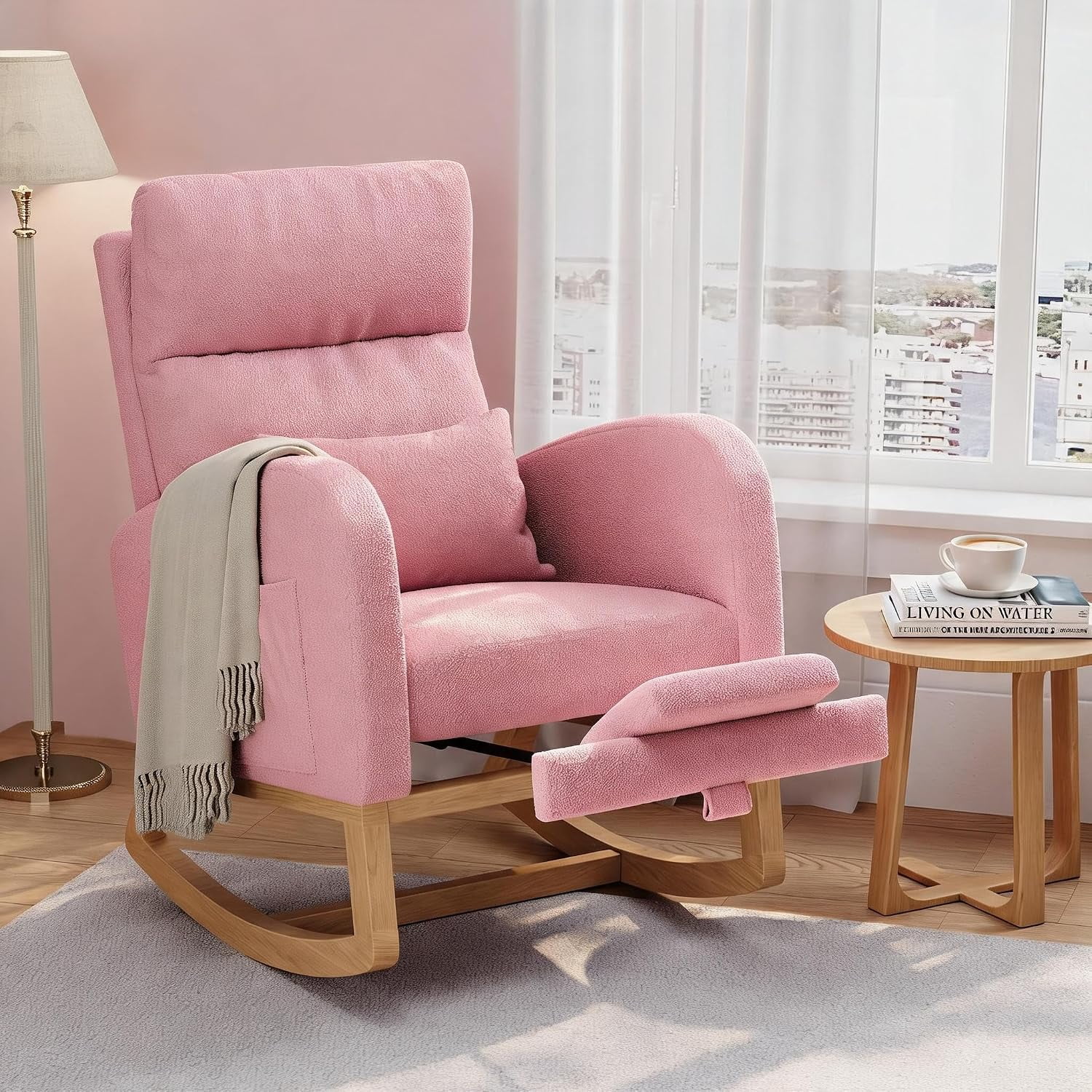 Rocking Chair with Footrest, Upholstered Glider Chair with Side Pocket and Pillow, Modern Fabric Armchair with High Backrest for Bedroom Living Room Reading Space,Pink With Footrest