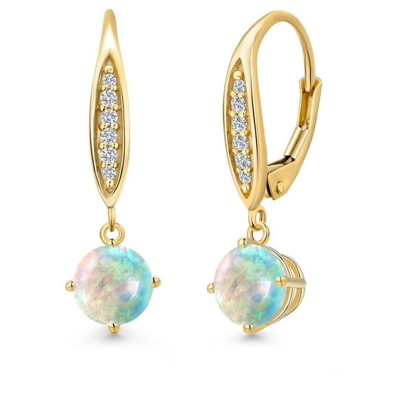 Gem Stone King 10K Yellow Gold Simulated White Opal and Lab Grown Diamond Dangle Earrings for Women | 0.70 Cttw | Gemstone October Birthstone | Round Cabochon 6MM