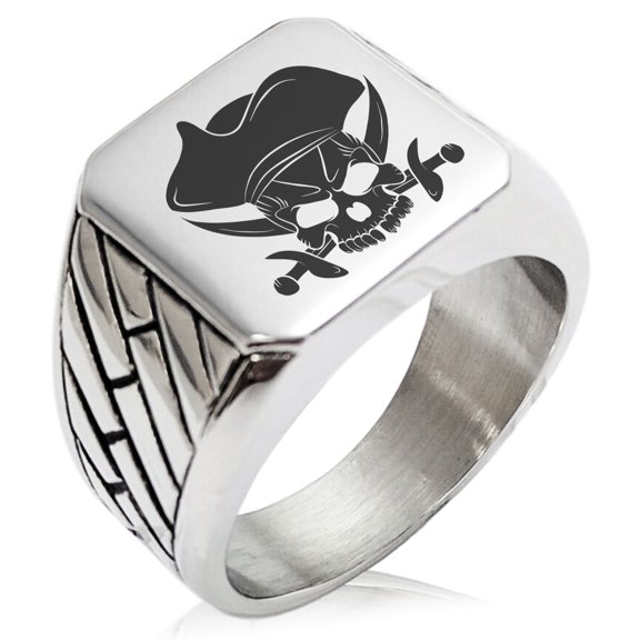 Stainless Steel Pirate Skull & Cross Swords Geometric Pattern Biker Style Polished Ring