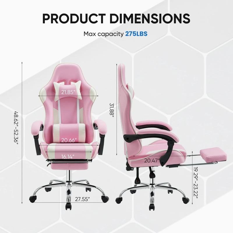 Kelno Ergonomic Gaming Chair with Headrest Pillow Lumbar Support Cushion PU Leather Swivel Recliner, Pink White
