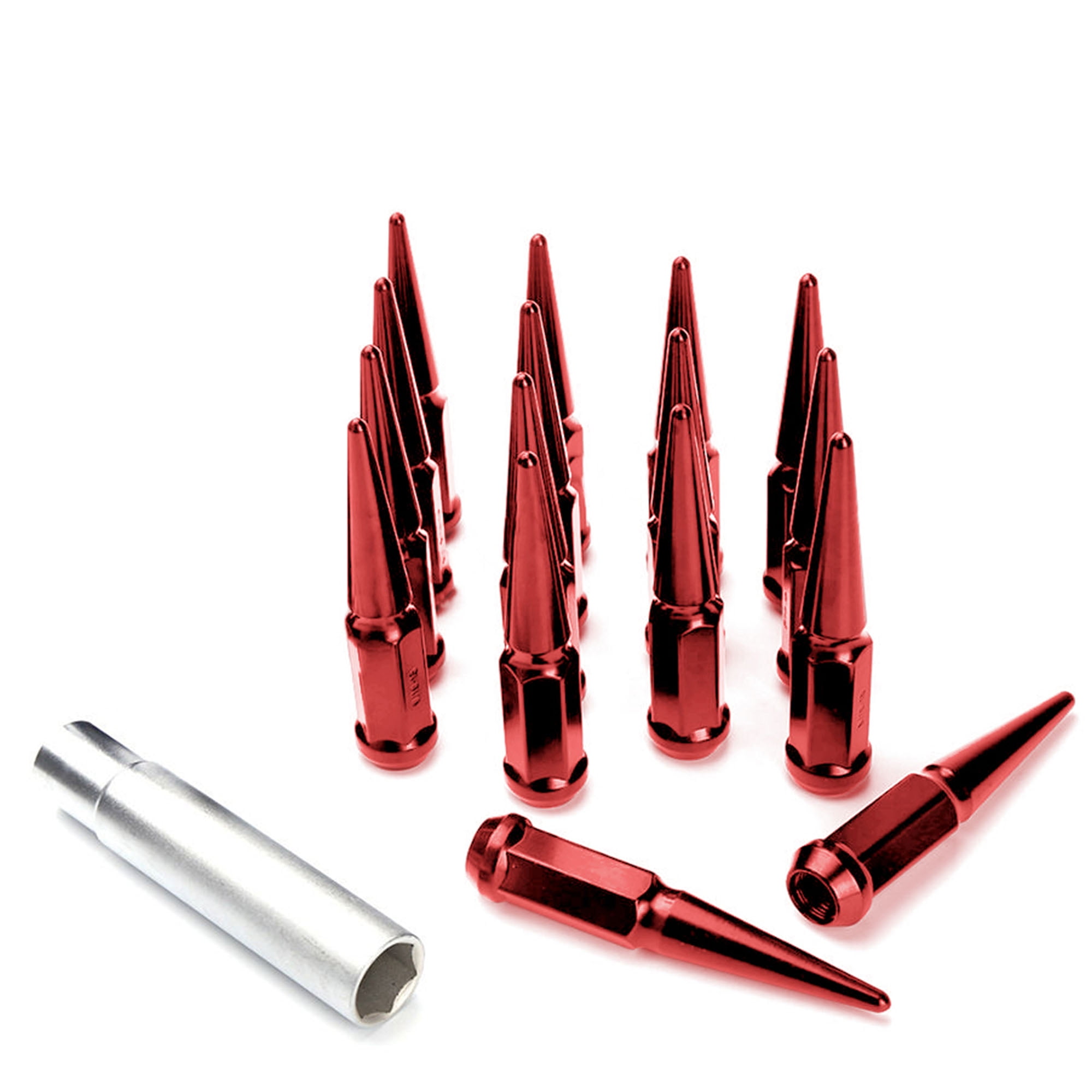 16pc Premium Red SPIKED 14x1.5 Extended Lug Nuts 4.4" OFFROAD SPIKE