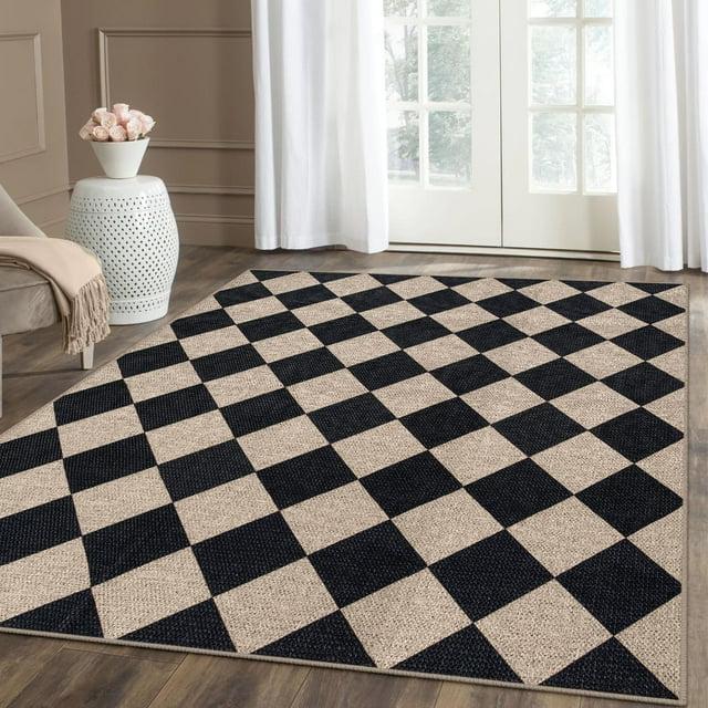 Alfombra Lahome a cuadros de yute fácil, 152 x 213 cm, color negro