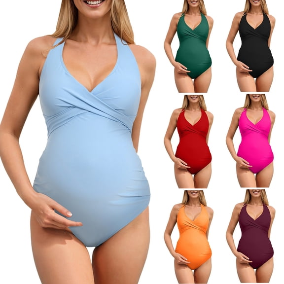 zaveiop Maternity Swimsuit for Women One Piece Swimsuits Pregnancy Swimwear Spaghetti Straps Ruched Adjustable (Orange, XXL)