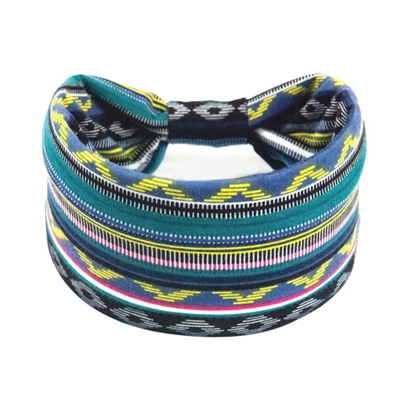 Boho Sports Headband Non-Slip - Wide Elastic Twist Band with Tie Dye Geometric Print - Stretchy Sweat Wicking Wrap for Yoga Gym Workout Blue
