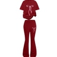 thumbnail image 4 of Girls' 2-Piece Outfit Set, Pink Bow Graphic Short Sleeve Crewneck Sweatshirt and Matching Flare Leg Pants, Coordinated Casual Wear for Spring Fall, School, Playdates, Soft and Comfortable - Wine, 4 of 4