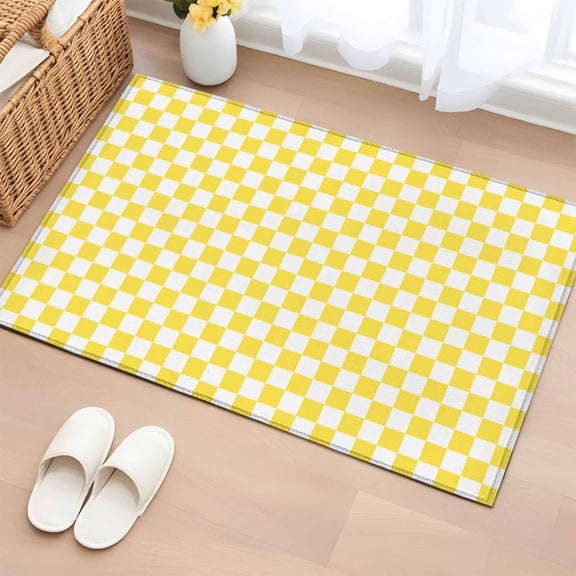 Yellow White Plaid Bathroom Rug Washable 2x3 Entryway Rug Non Slip Modern Retro Geometric Checkered Front Door Mat Low Pile Indoor Doormat Throw Floor Carpet for Kitchen Bedroom Entrance