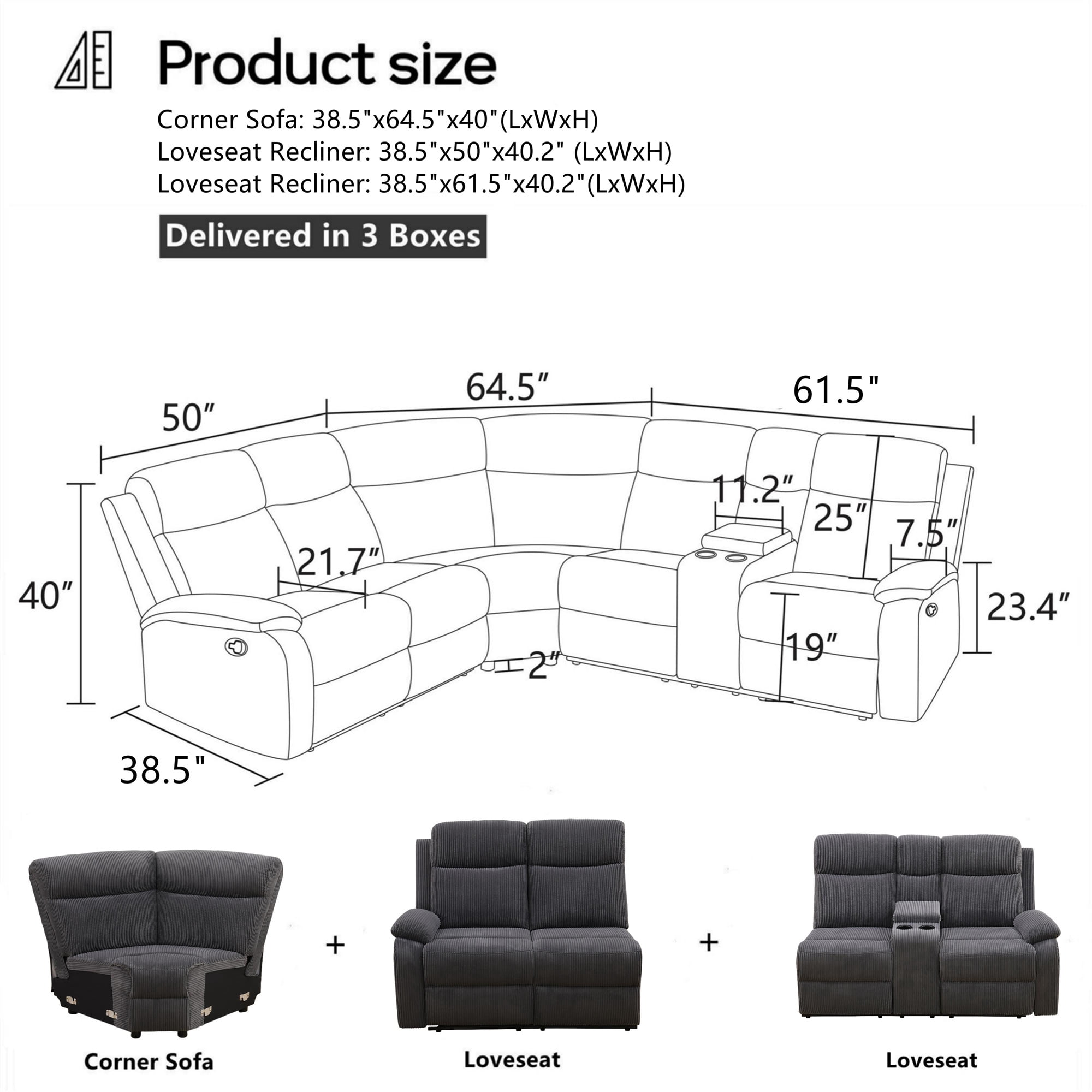 Aukfa 3-Piece Recliner Sofa Set, 5 Seat Sectional Couch with Cup Holders&Storage Console, Corduroy, Gray