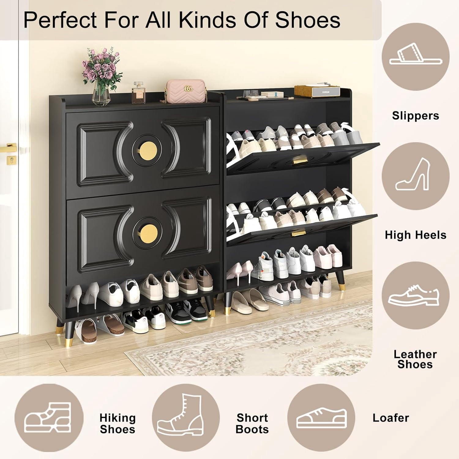 Vinform Shoe Storage Cabinet for Entryway Slim, Shoe Cabinet with 2 Flip Drawers, Ultra Thin Shoe Organizer Cabinet Wood for Hallway (Black)