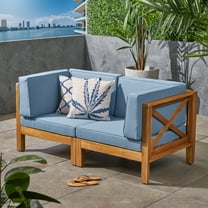Luella Outdoor Modular Sectional Acacia Wood Loveseat with Cushions, Teak, Blue