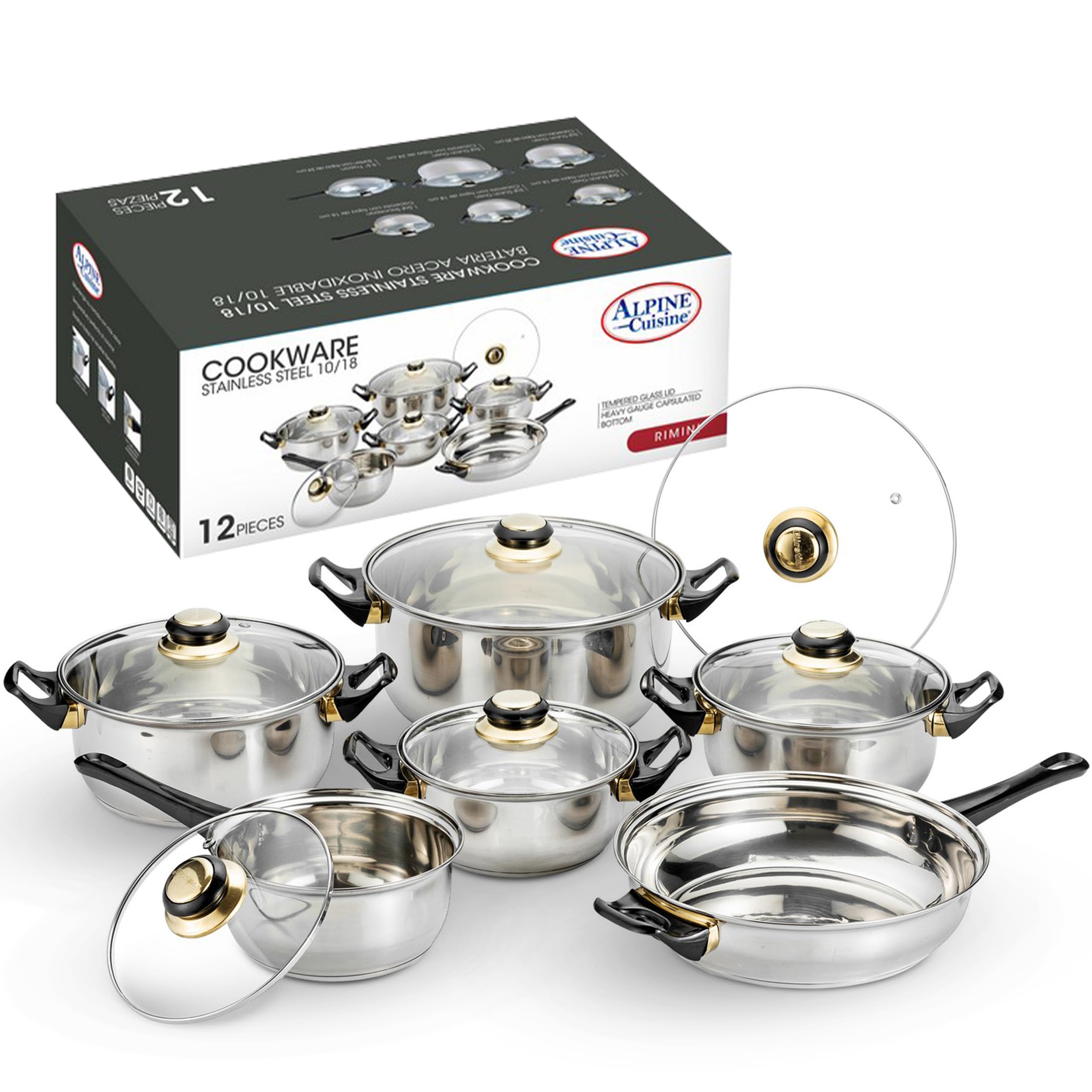 Alpine Cuisine Stainless Steel Cookware Set 12-Pcs with Glass Lid & Comfortable Handle, Included Dutch oven, Sauce Pan, Fry Pan, Cookware Set for Home Kitchen Healthy Cooking, Easy To Use & Clean