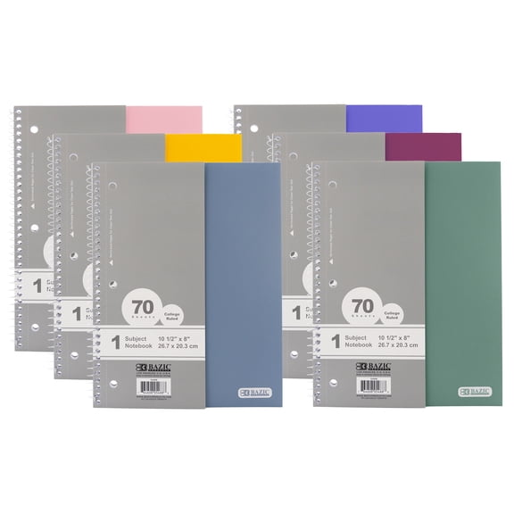 BAZIC Spiral Notebook, 1 Subject, College Ruled Paper 8" x 10-1/2", 70 Sheets Poly Cover, Assorted Color, 6-Pack