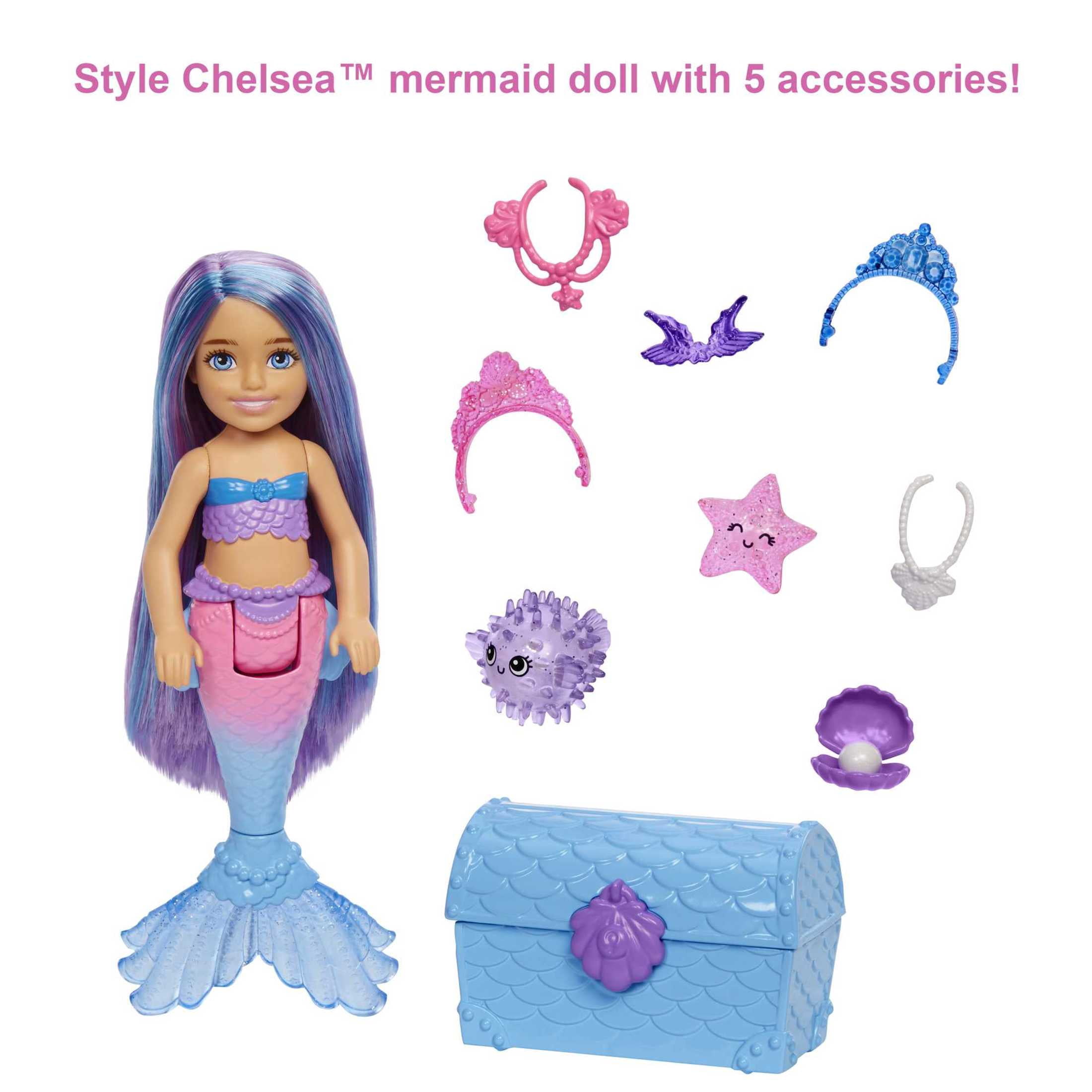 Barbie Mermaid Power Chelsea Doll with Two Ocean Pets, Treasure Chest and Accessories