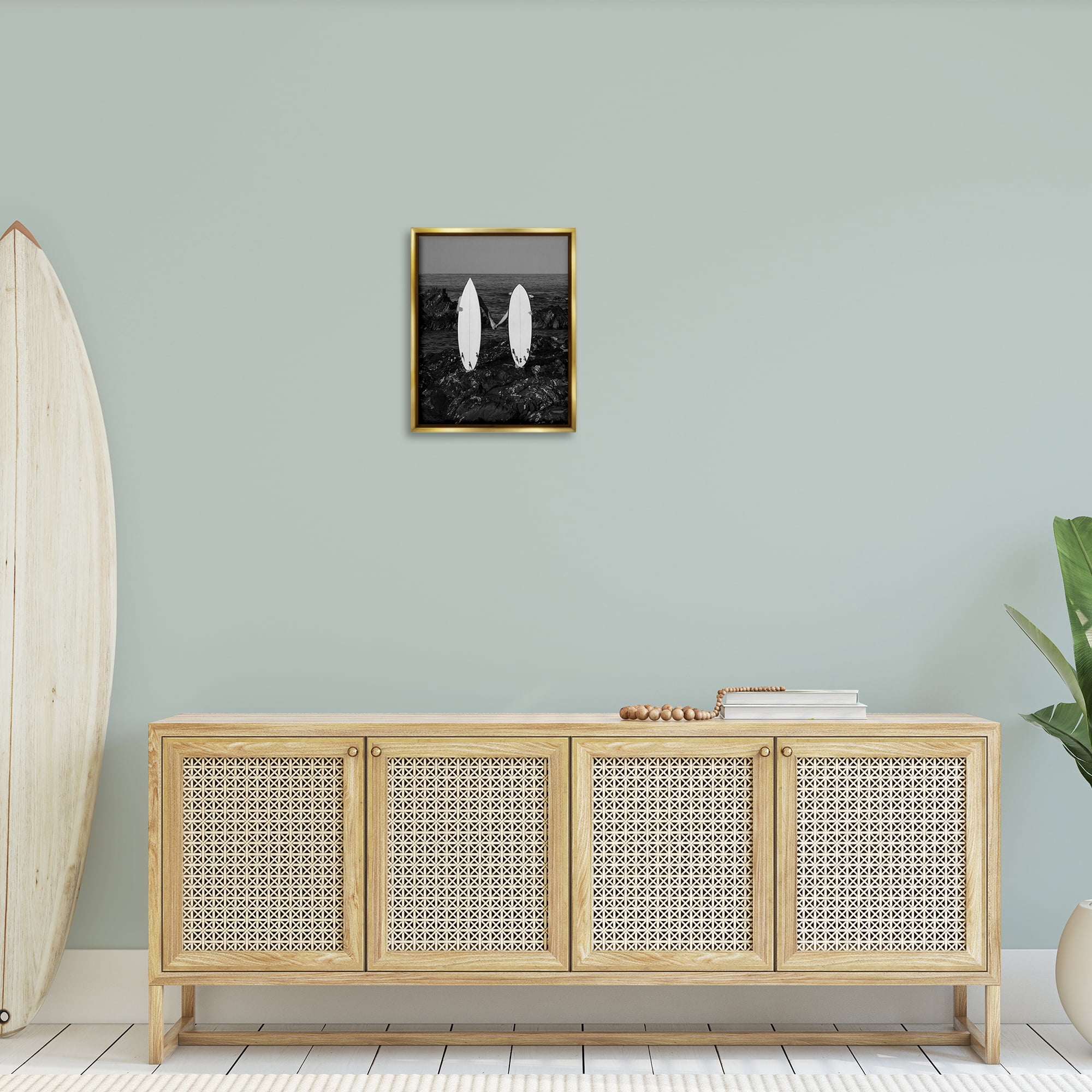 Stupell Industries Romantic Surfer Couple Sports Photography Gold Floater Framed Canvas Art Print Wall Art, 17 x 21