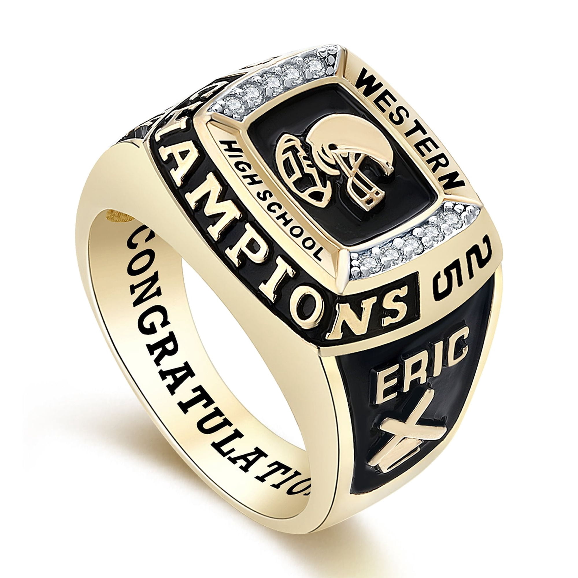 Mementos USA Custom Men's Class Rings Sterling Silver for High School and College-Gold-Champion