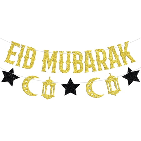 Eid Mubarak Banner, Gold and Black Glitter, Star Moon Lantern Garland, Party Decoration