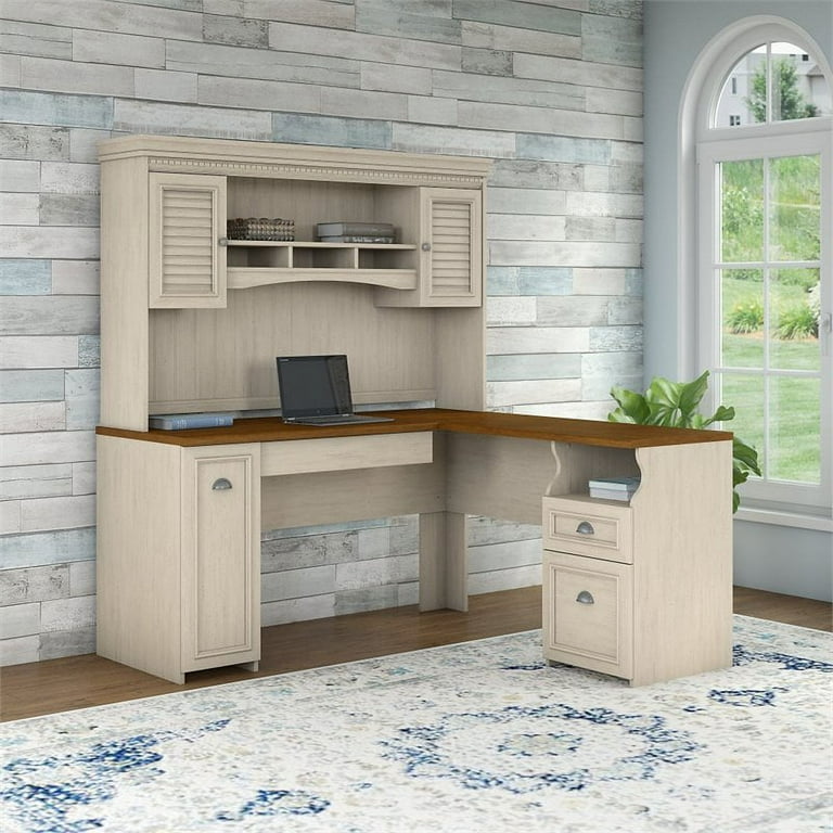 Bush furniture fairview l shaped desk with hutch in antique white deals