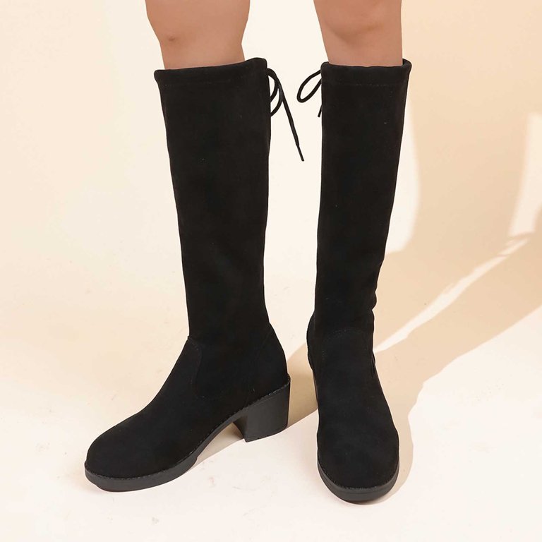 Women's Knee High Suede Boots - Fold Over, Chunky Heel, Pull-On Style In Black & Tan