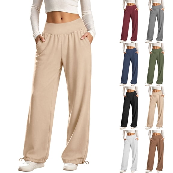 Zulora Women's High Waist Wide Leg Pants Drawstring Hem Casual Jogger Trousers with Pockets Loose Fit for Daily Workout