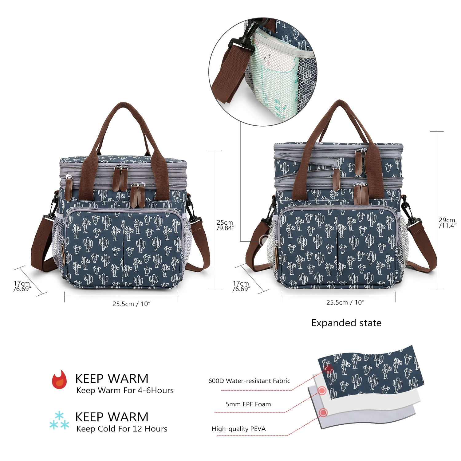 Lunch Bag for Women Men Double Deck Expandable Lunch Box,Large Lunch Bags,Leakproof Lunch Box Cooler Bag