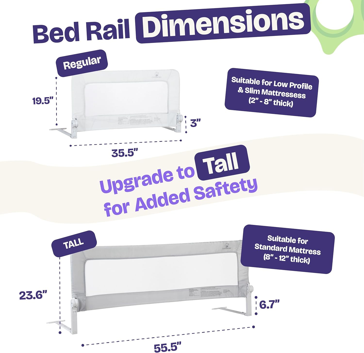 ComfyBumpy Toddler Bed Rail Guard, 35.5" x 19.5" Regular Swing Down Rail for Kids Beds, White, 1 pack