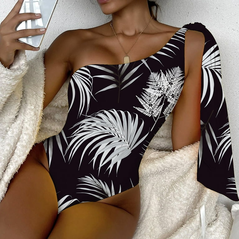 WEAIXIMIUNG Plus Size Swim Top with Built In Bra Women's Summer 1 Shoulder  Strap Strap Retro Print Backless Swimsuit Black XL 
