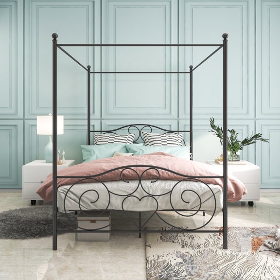 Vintage Metal Canopy Bed Frame with Elegant Headboard and Footboard for Queen Size