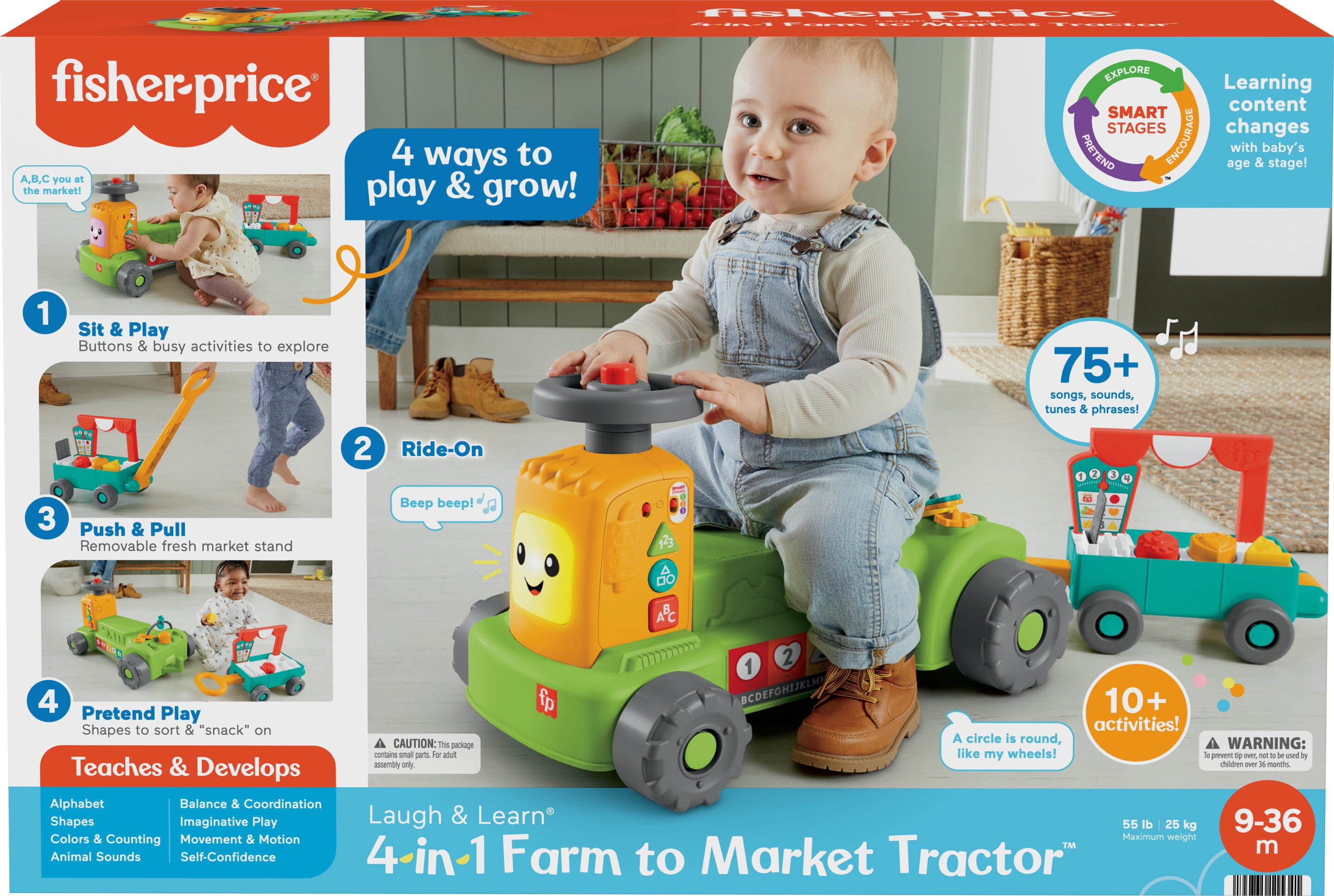 Fisher-Price Laugh & Learn 4-in-1 Farm to Market Tractor Ride-On Learning Toy for Baby & Toddlers