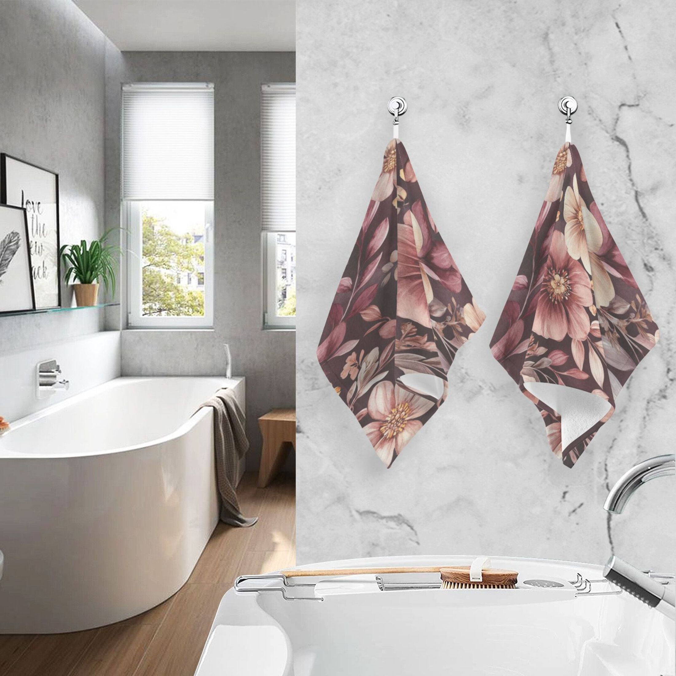 Cotton Towel Two-Piece 16x28 Inch One Sizex2 Face Towel Set Towel Set Cotton Hand Bath Towel Bathroom Beach Vibrant Maroon Flowers