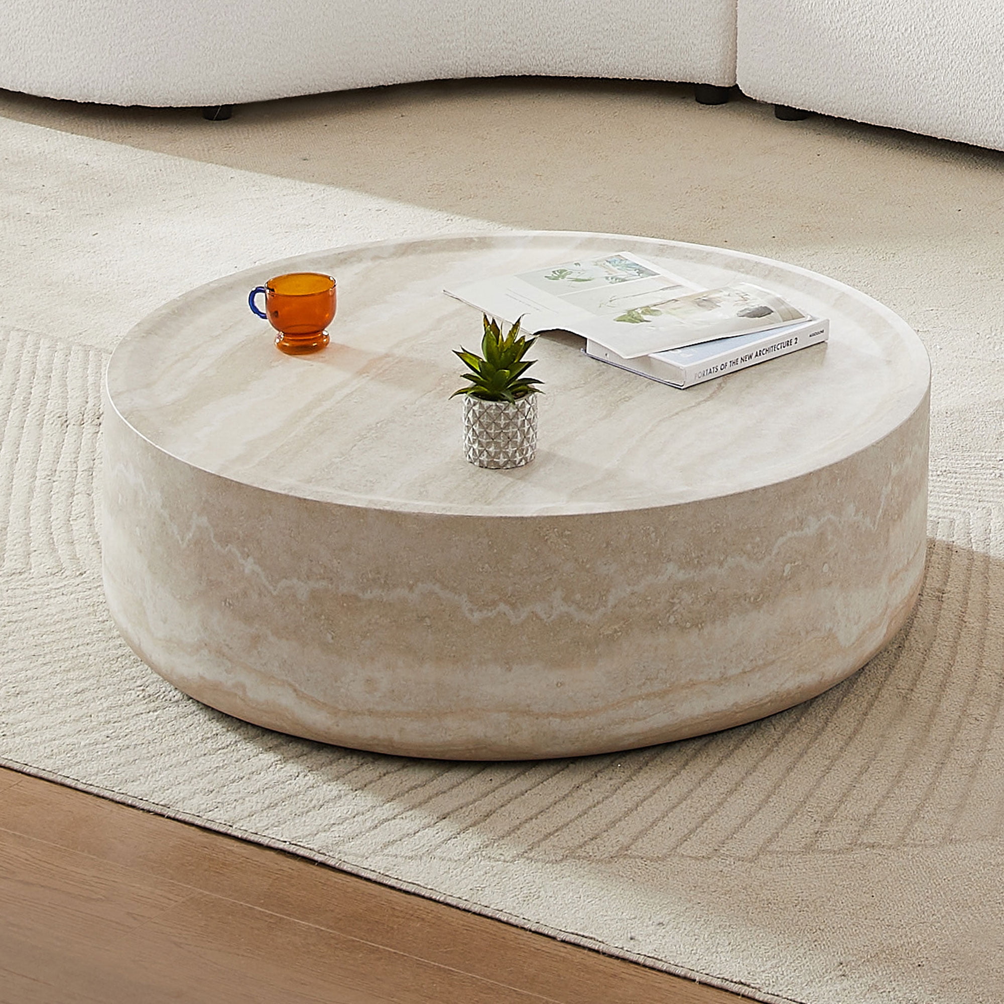 Kevinplus 35.43'' Round Coffee Tables, Tea Faux Travertine Textured Table for Living Room