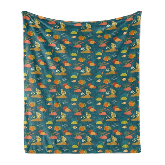 Under the Sea Soft Flannel Fleece Throw Blanket, Underwater Habitat Composition with Various Coral Reefs and Sea Creatures, Cozy Plush for Indoor and Outdoor Use, 50" x 60", Multicolor, by Ambesonne