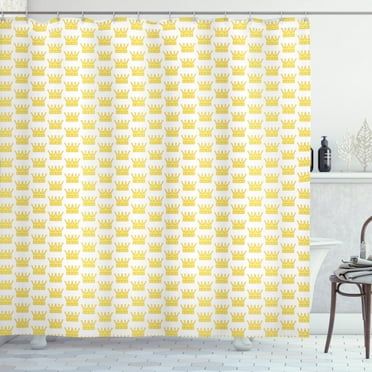 Crown Shower Curtain, Continuing Royal Style Headwear Silhouettes on a Plain Background Print, Fabric Bathroom Set with Hooks, 69W X 75L Inches Long, Pastel Yellow and White, by Ambesonne