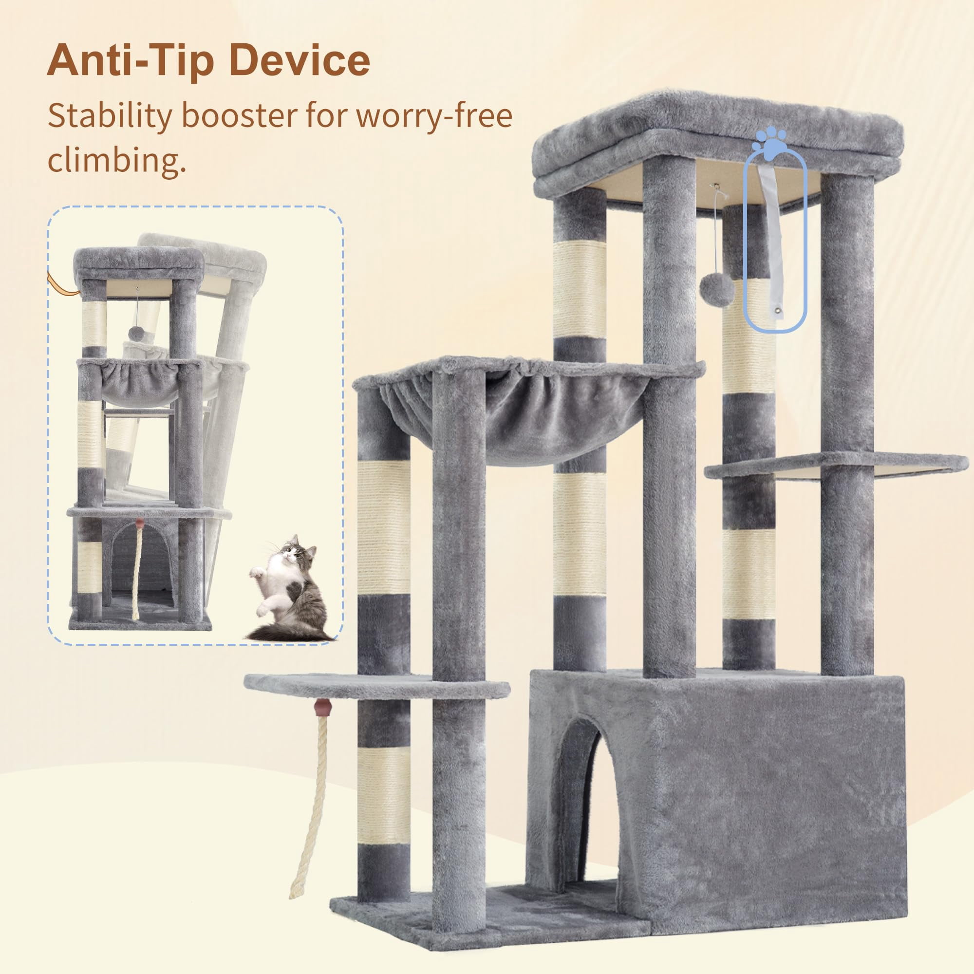 Heavy Duty Cat Tree  Tower For Indoor Cats Large Adult Tall Condo House With Extra-large Baseboard Multi-level Plush Furniture Posts Hammock Balls Light Gray Hct026w