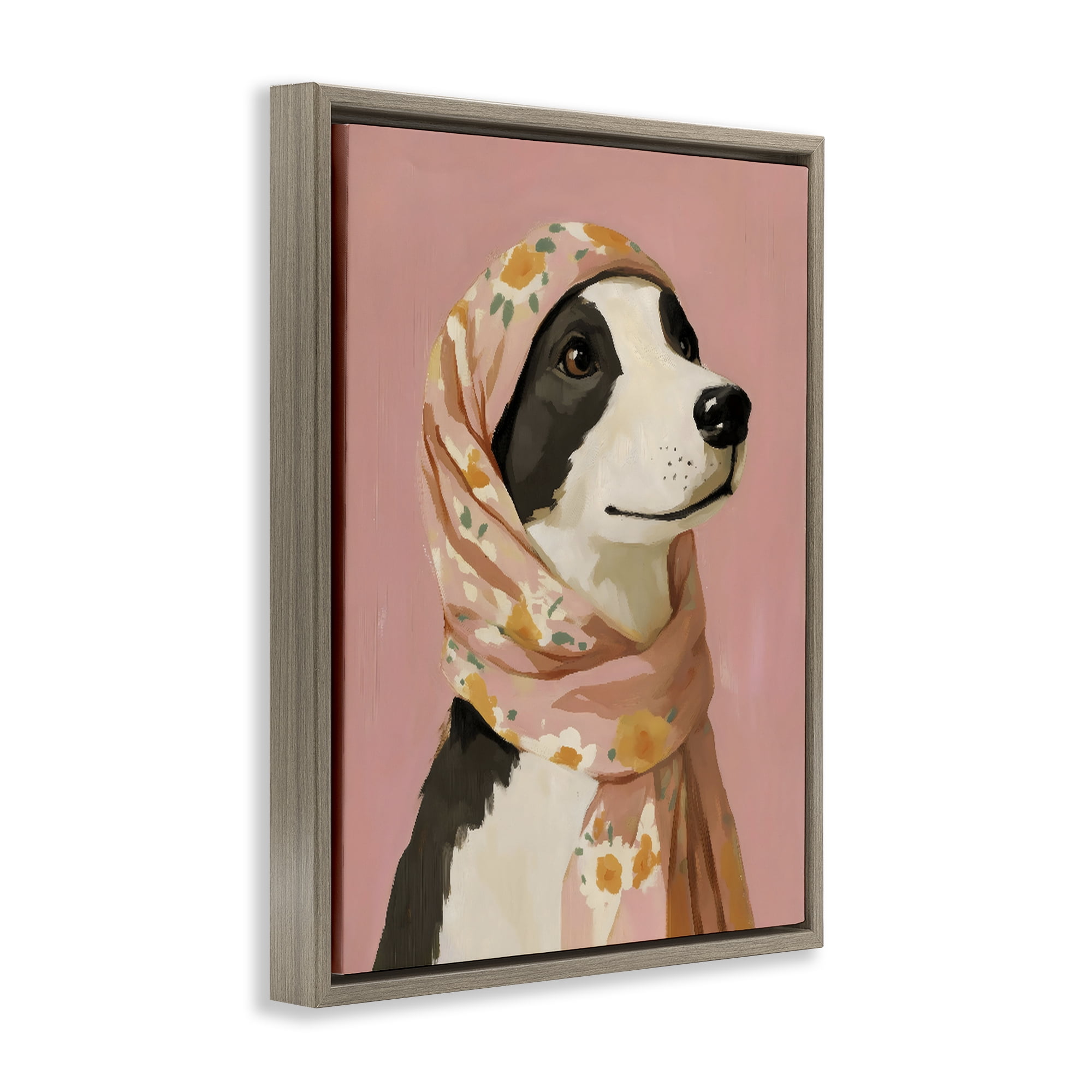 Stupell Industries Dog Babushka in Floral Scarf Brown Framed Floater Canvas Wall Art, design by The Prints Vibe