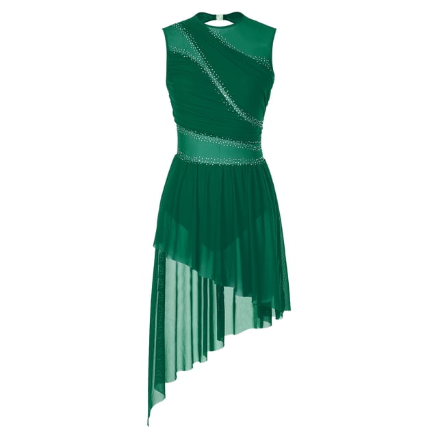 RUNQHUI Costume de Danse Lyrique pour Femmes Robe de Patinage Sans Manches en Chiffon Fluide Justaucorps Haut-Bas Vert S