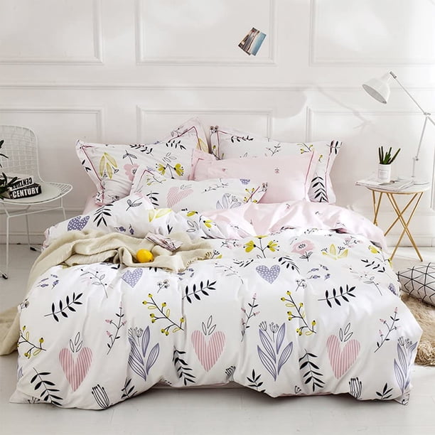 Funda nórdica Queen Boho Blanco Rosa Floral Juegos de cama de algodón Estética Floral