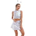thumbnail image 6 of Women's 3Piece Metallic Outfit Shiny Crop Top + Silver Flared Skirt + Alien Headband Halloween Costume Clubwear Musical Festival Rave Outfit XXL Holographic Silver - Turtleneck, 6 of 8