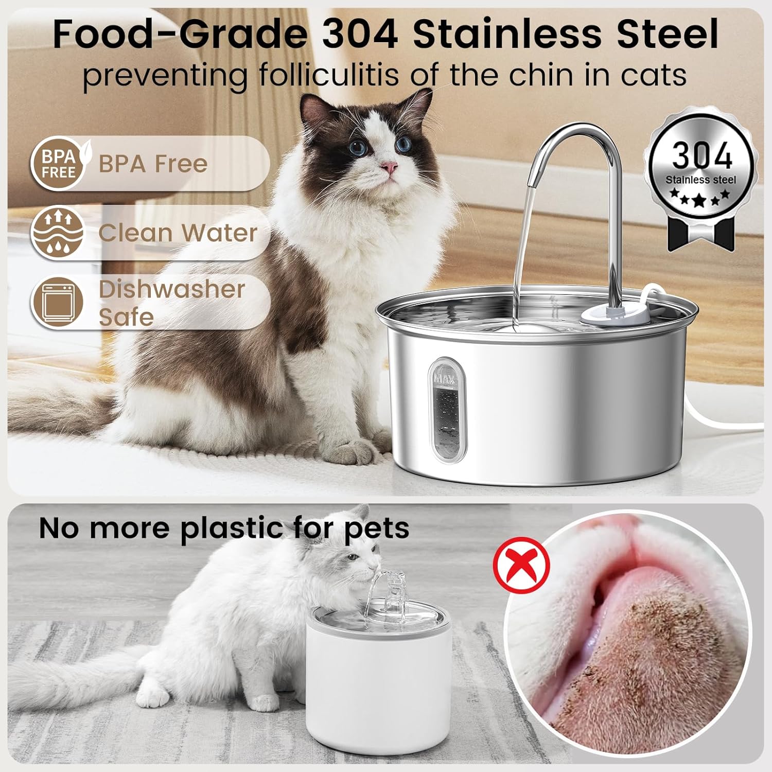 Petlipo Cat Water Fountain Stainless Steel, 108oz/3.2L Cat Fountain for Drinking, Pet Fountain Water Bowl Dog Drinking Dispenser, Super Quiet Kitty Spout with 4 Filters 4 Sponges (One in Filter Tray)