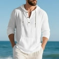 thumbnail image 3 of Men's Hooded Pullover Half Button Drawstring Long Sleeve Linen Henley Shirts Lightweight Casual Beach Blouse With Pocket (XL, White), 3 of 8