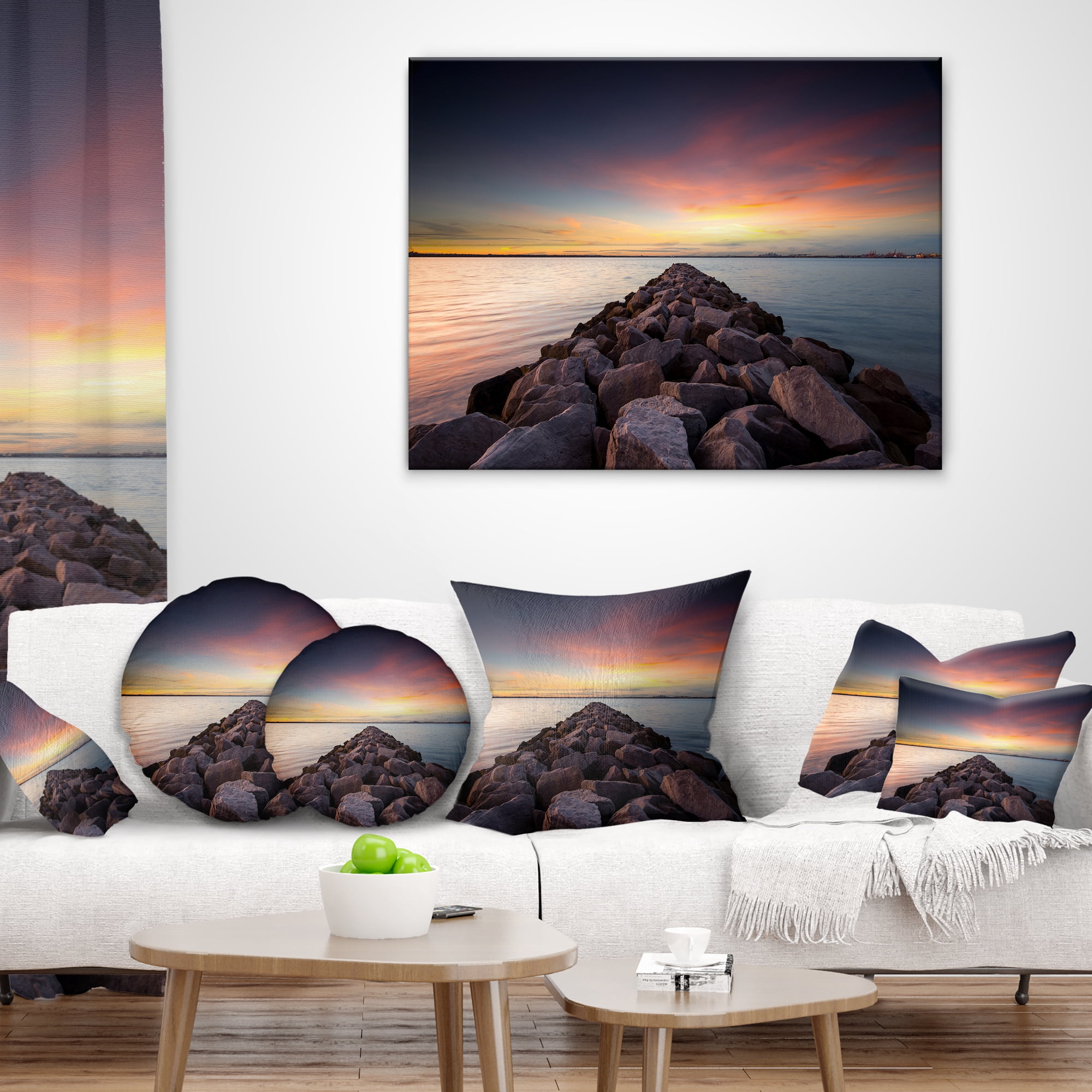 Designart Long Stone Bridge into Beautiful Sea - Seashore Throw Pillow - 16x16