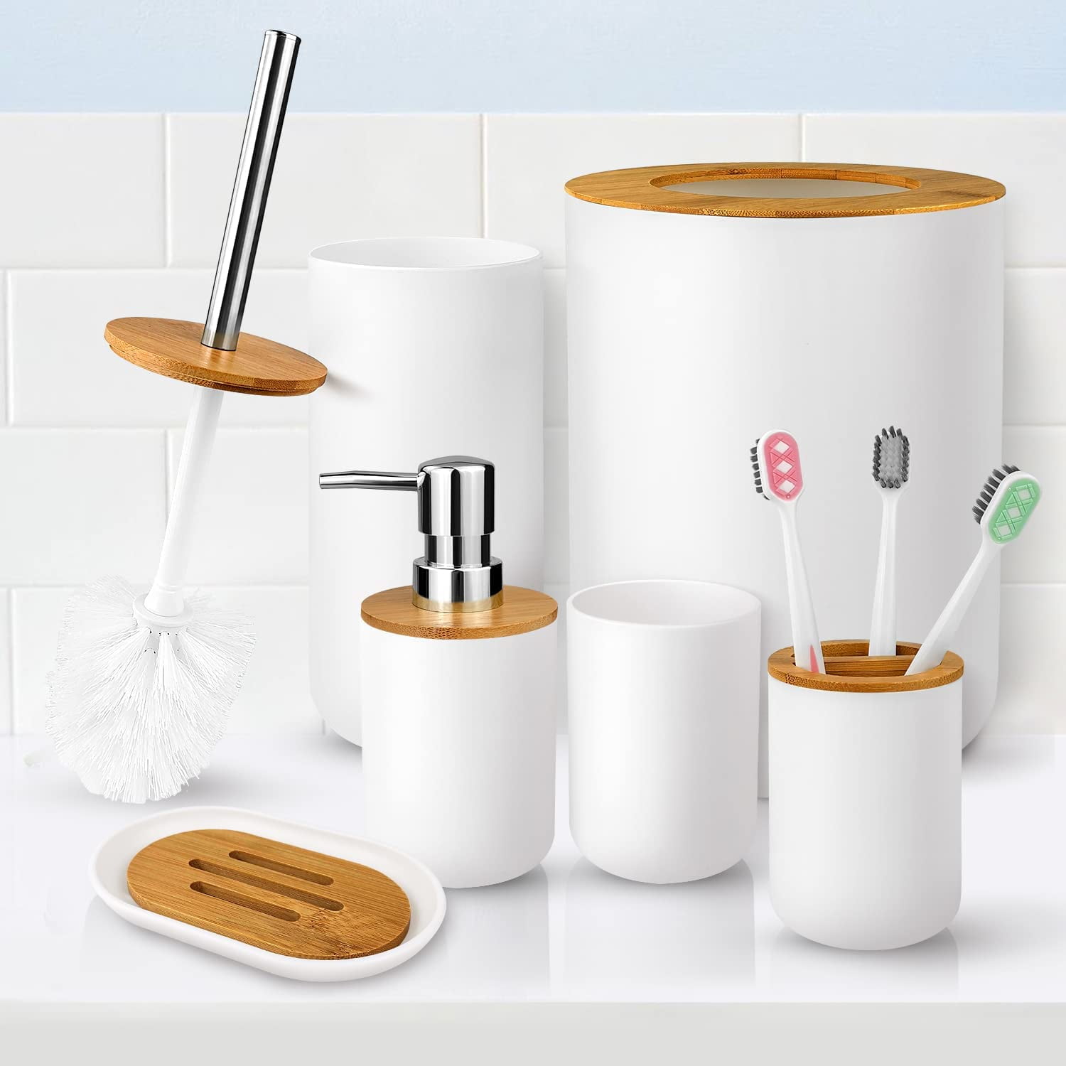 Livhil 6 Pcs Bamboo and Plastic Bathroom Accessories Sets, White