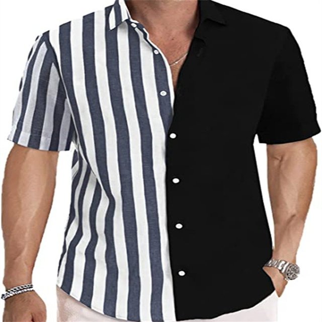 Camisas s Para Hombre Manga Larga Camisa de cuello de solapa con botón de bloque de color de manga corta para hombre (Black, L)