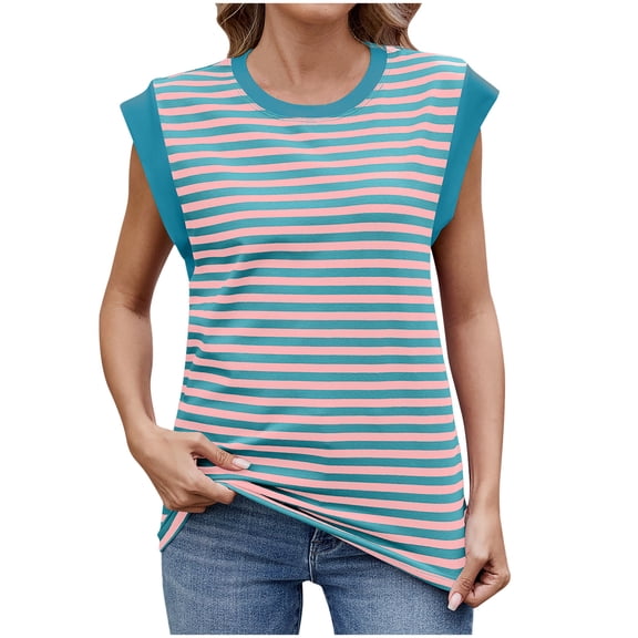 fatyb Women's Striped Tank Tops Cap Sleeve Basic Tee Shirts Casual Summer Loose Tunic Blouses for Women