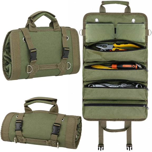 Wavraging Tool Roll, Heavy Duty Roll Up Tool Bag, Motorcycle Tool Roll Bag with 2 Detachable Pouches, Portable Tool Bag Organizer Storage for Mechanic Electrician Welding, Gifts for Men Dad
