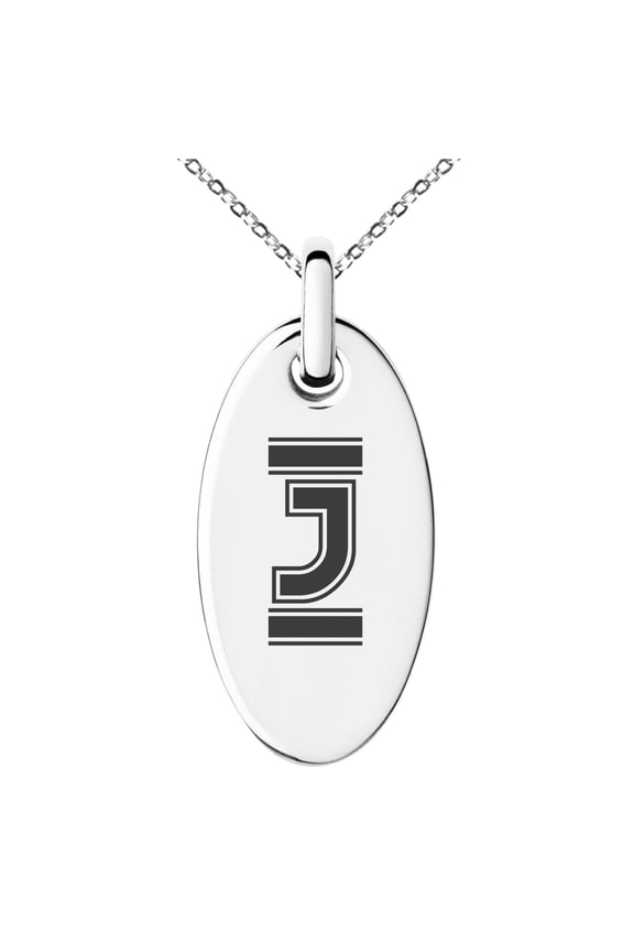 Stainless Steel Letter J Initial Empire Monogram Engraved Small Oval Charm Pendant Necklace